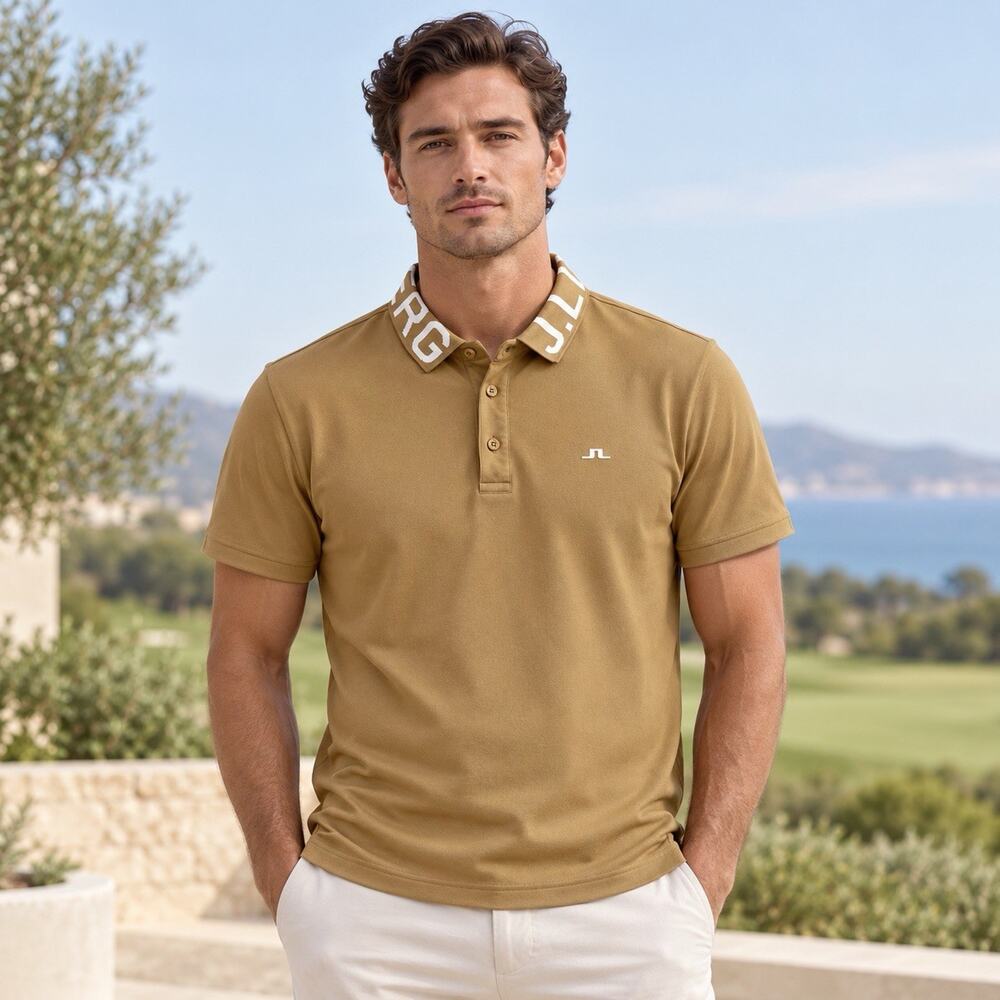 J.Lindeberg Men’s Golf Polo Shirt Medium Tan Brown Logo Collar Regular Fit